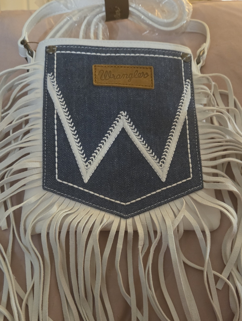 Western Wrangler White and Blue Denim Fringe Crossbody, NWT